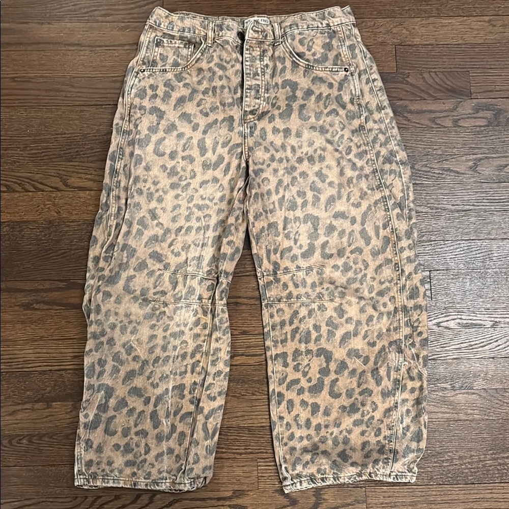 We The Free Leopard Print Cargo Jeans in Tan and Black